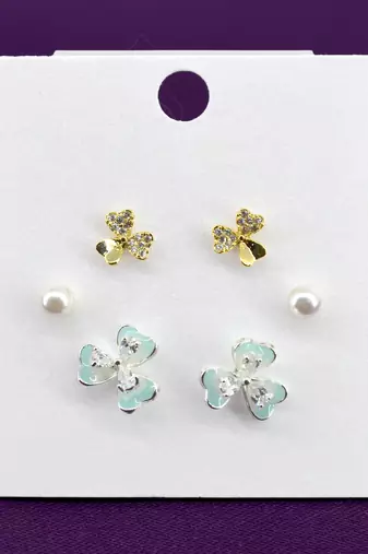 flower shape pearl brass silver and gold plated set of 3 combo stud earring for women and girls