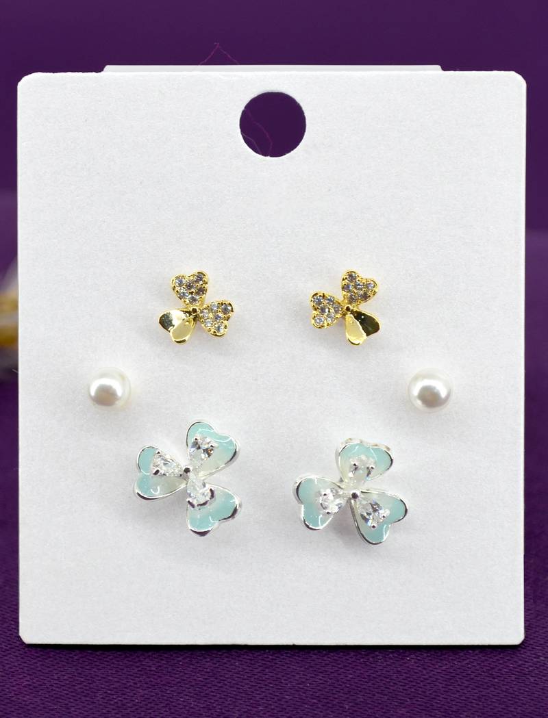 flower shape pearl brass silver and gold plated set of 3 combo stud earring for women and girls