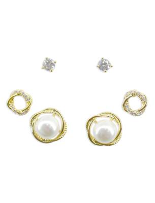 pretty round shape cz brass gold plated set of 3 combo stud earring for women and girls 1