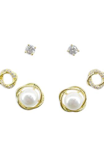 pretty round shape cz brass gold plated set of 3 combo stud earring for women and girls