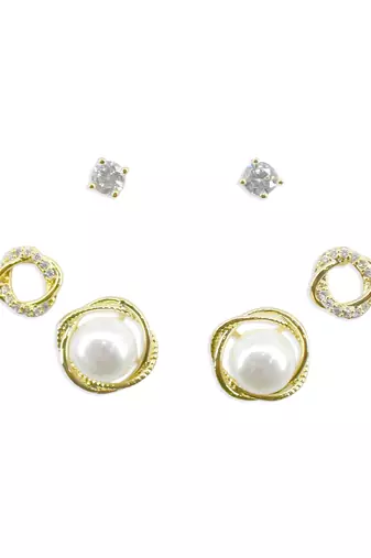 pretty round shape cz brass gold plated set of 3 combo stud earring for women and girls