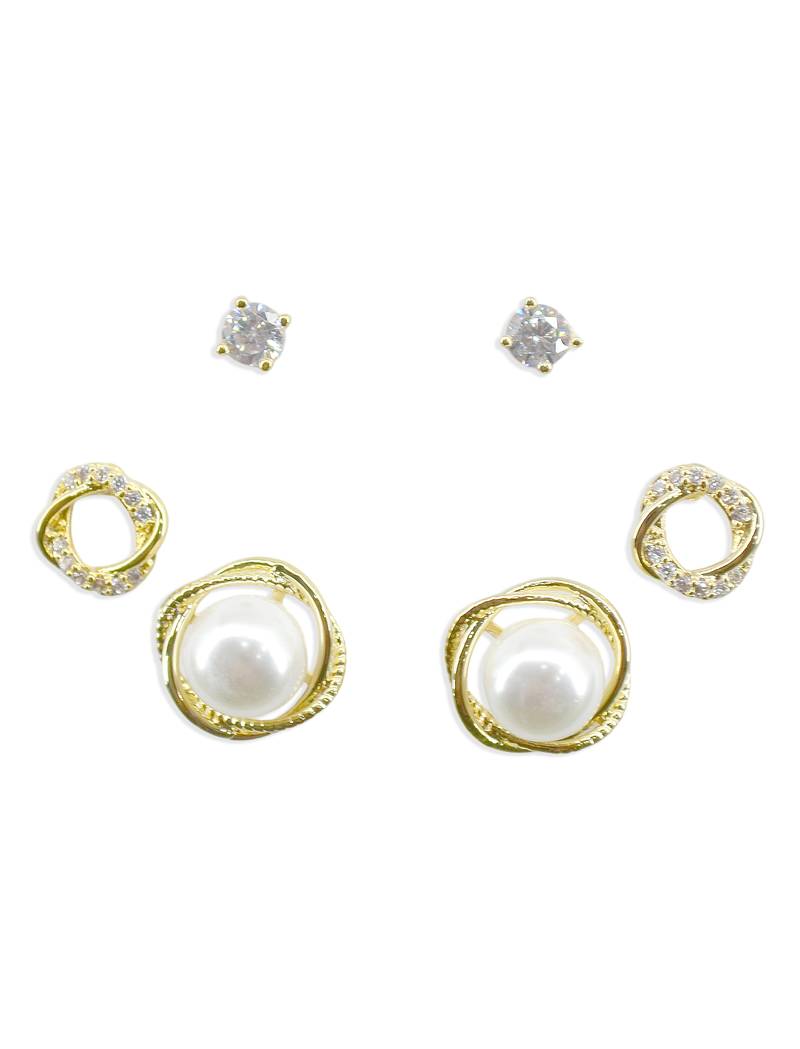 pretty round shape cz brass gold plated set of 3 combo stud earring for women and girls