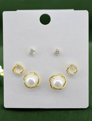 pretty round shape cz brass gold plated set of 3 combo stud earring for women and girls 2