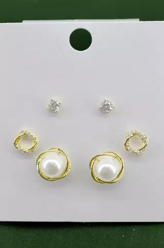 pretty round shape cz brass gold plated set of 3 combo stud earring for women and girls