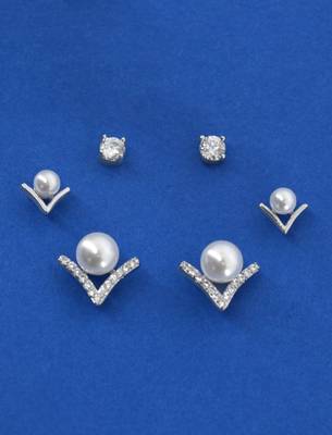 royal "v" shape pearl brass silver plated set of 3 combo stud earring for women and girls 1