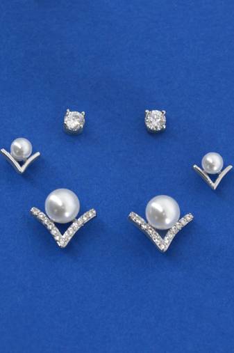 royal "v" shape pearl brass silver plated set of 3 combo stud earring for women and girls
