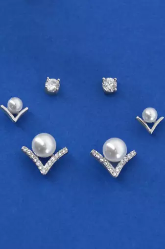 royal "v" shape pearl brass silver plated set of 3 combo stud earring for women and girls