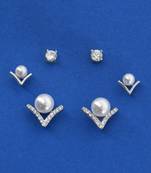 royal "v" shape pearl brass silver plated set of 3 combo stud earring for women and girls