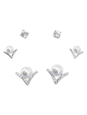 royal "v" shape pearl brass silver plated set of 3 combo stud earring for women and girls 2