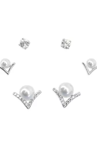 royal "v" shape pearl brass silver plated set of 3 combo stud earring for women and girls