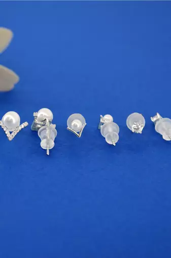 royal "v" shape pearl brass silver plated set of 3 combo stud earring for women and girls