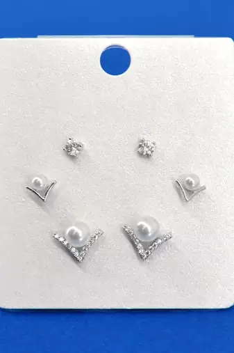 royal "v" shape pearl brass silver plated set of 3 combo stud earring for women and girls