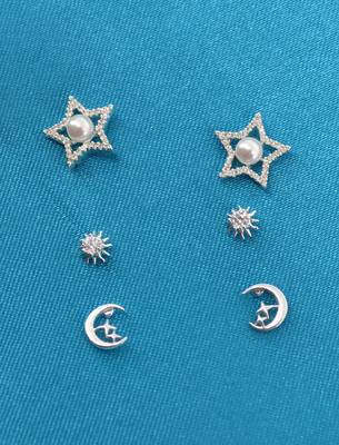 star and half moon shape cz brass silver plated set of 3 combo stud earring for women and girls 1