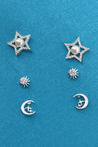 star and half moon shape cz brass silver plated set of 3 combo stud earring for women and girls