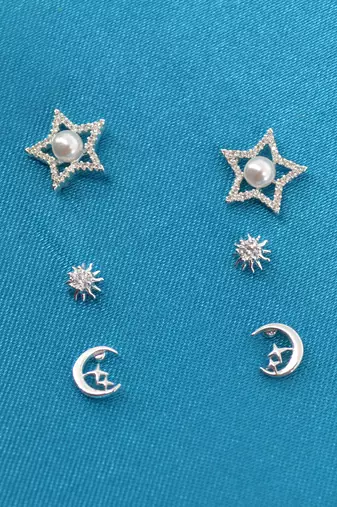 star and half moon shape cz brass silver plated set of 3 combo stud earring for women and girls