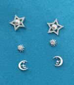 star and half moon shape cz brass silver plated set of 3 combo stud earring for women and girls