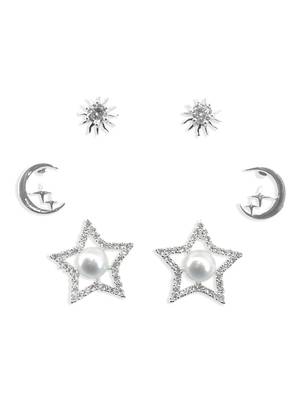 star and half moon shape cz brass silver plated set of 3 combo stud earring for women and girls 2