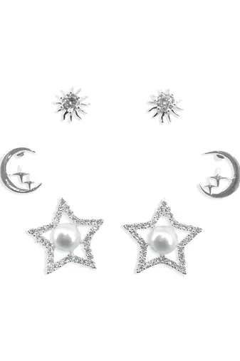star and half moon shape cz brass silver plated set of 3 combo stud earring for women and girls