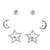 star and half moon shape cz brass silver plated set of 3 combo stud earring for women and girls