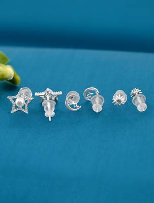 star and half moon shape cz brass silver plated set of 3 combo stud earring for women and girls 3