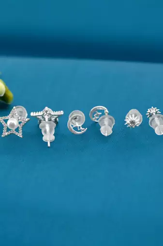 star and half moon shape cz brass silver plated set of 3 combo stud earring for women and girls
