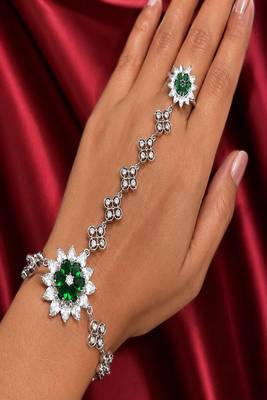 Silver Emerald Haath Phool Hand Harness, Bridal Crystal Flower Hand Chain Bracelet 1