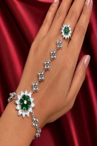 Silver Emerald Haath Phool Hand Harness, Bridal Crystal Flower Hand Chain Bracelet