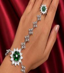 Silver Emerald Haath Phool Hand Harness, Bridal Crystal Flower Hand Chain Bracelet