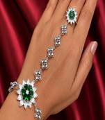 Silver Emerald Haath Phool Hand Harness, Bridal Crystal Flower Hand Chain Bracelet