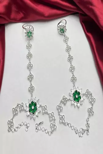 Silver Emerald Haath Phool Hand Harness, Bridal Crystal Flower Hand Chain Bracelet