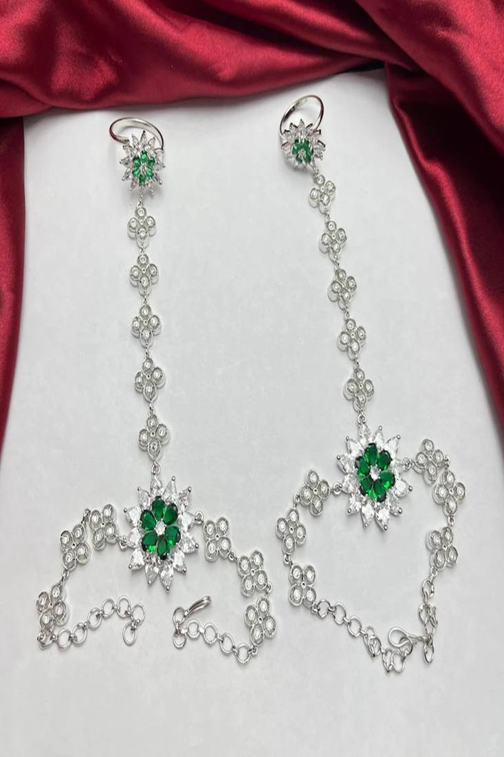Silver Emerald Haath Phool Hand Harness, Bridal Crystal Flower Hand Chain Bracelet