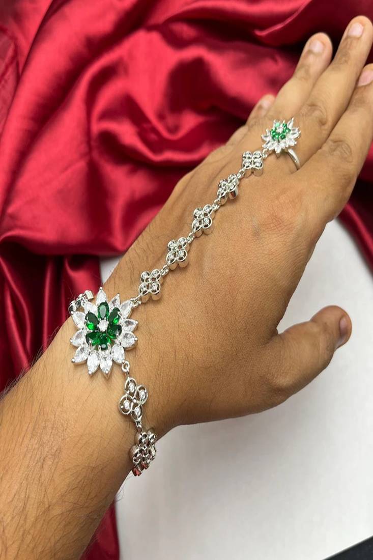 Silver Emerald Haath Phool Hand Harness, Bridal Crystal Flower Hand Chain Bracelet