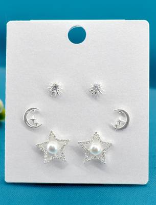 star and half moon shape cz brass silver plated set of 3 combo stud earring for women and girls 4