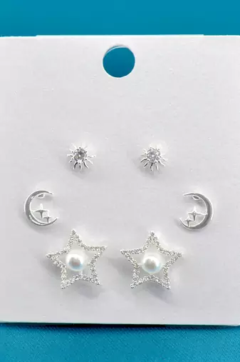 star and half moon shape cz brass silver plated set of 3 combo stud earring for women and girls