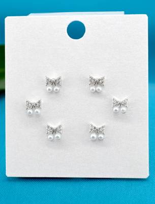 splendid butterfly shape pearl brass silver plated set of 3 combo stud earring for women and girls 3