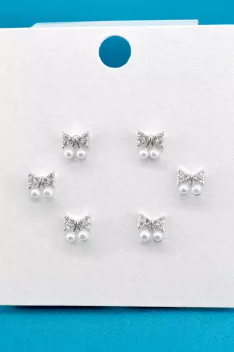 splendid butterfly shape pearl brass silver plated set of 3 combo stud earring for women and girls