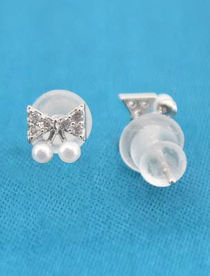 splendid butterfly shape pearl brass silver plated set of 3 combo stud earring for women and girls 4