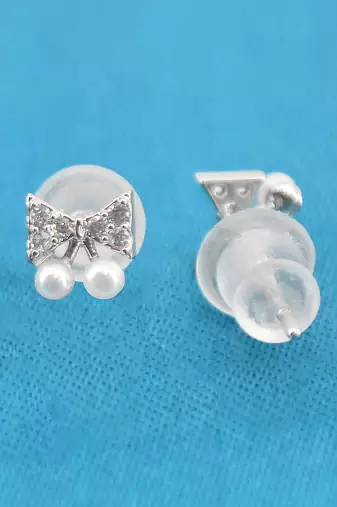 splendid butterfly shape pearl brass silver plated set of 3 combo stud earring for women and girls