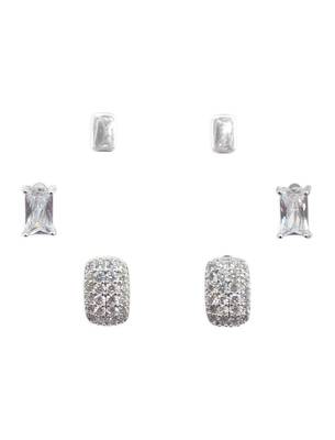 stylish square shape cz brass silver plated set of 3 combo stud earring for women and girls 1