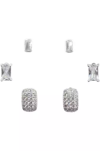 stylish square shape cz brass silver plated set of 3 combo stud earring for women and girls