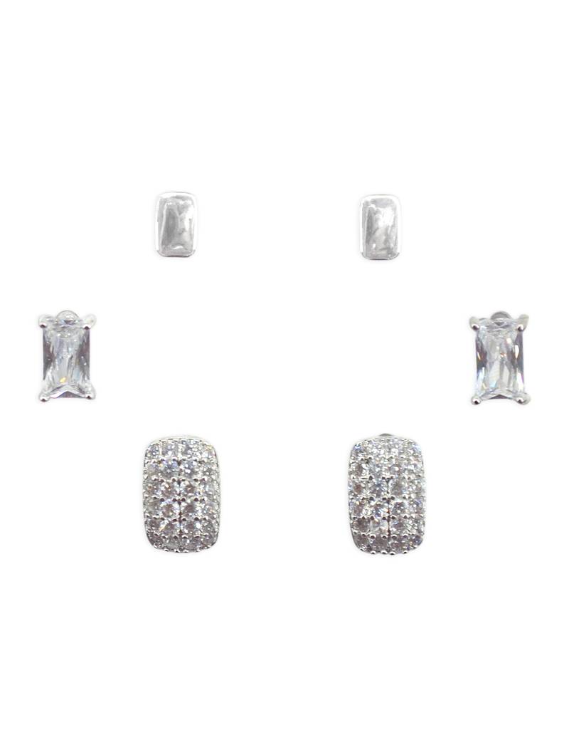 stylish square shape cz brass silver plated set of 3 combo stud earring for women and girls
