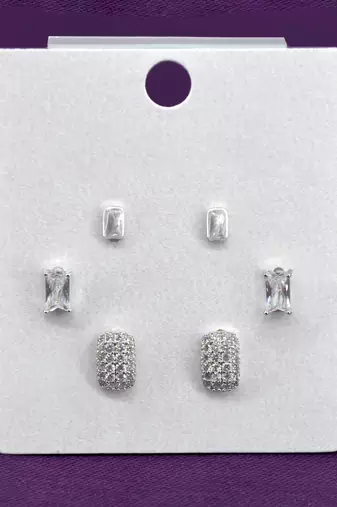 stylish square shape cz brass silver plated set of 3 combo stud earring for women and girls