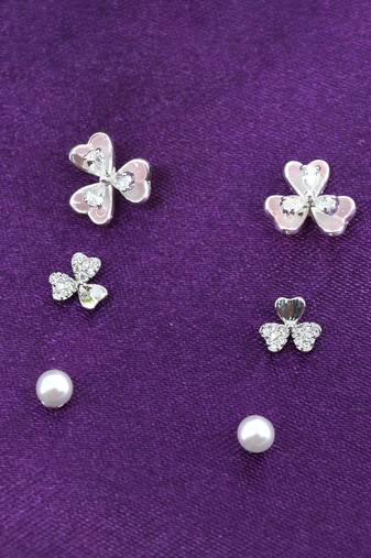 creative flower design brass silver plated set of 3 combo stud earring for women and girls