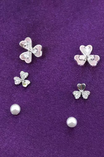 creative flower design brass silver plated set of 3 combo stud earring for women and girls