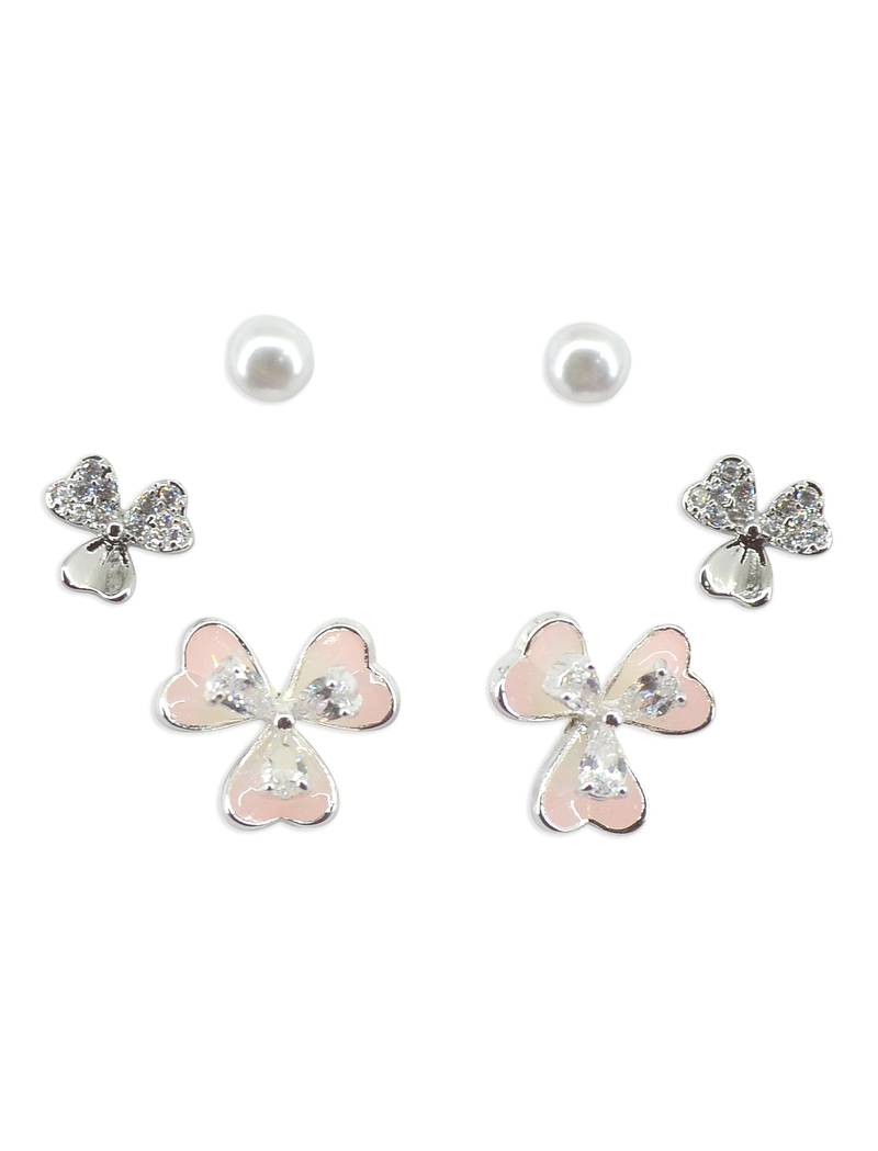 creative flower design brass silver plated set of 3 combo stud earring for women and girls