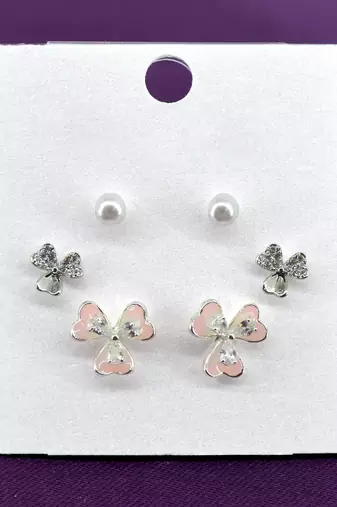 creative flower design brass silver plated set of 3 combo stud earring for women and girls