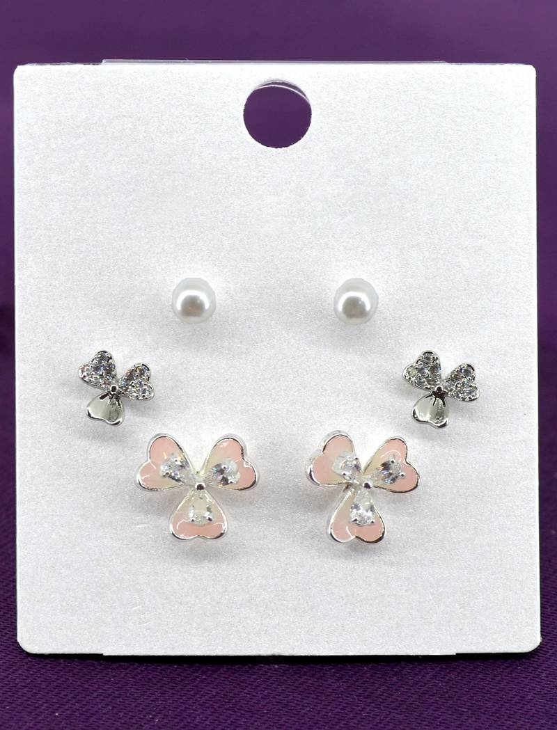 creative flower design brass silver plated set of 3 combo stud earring for women and girls