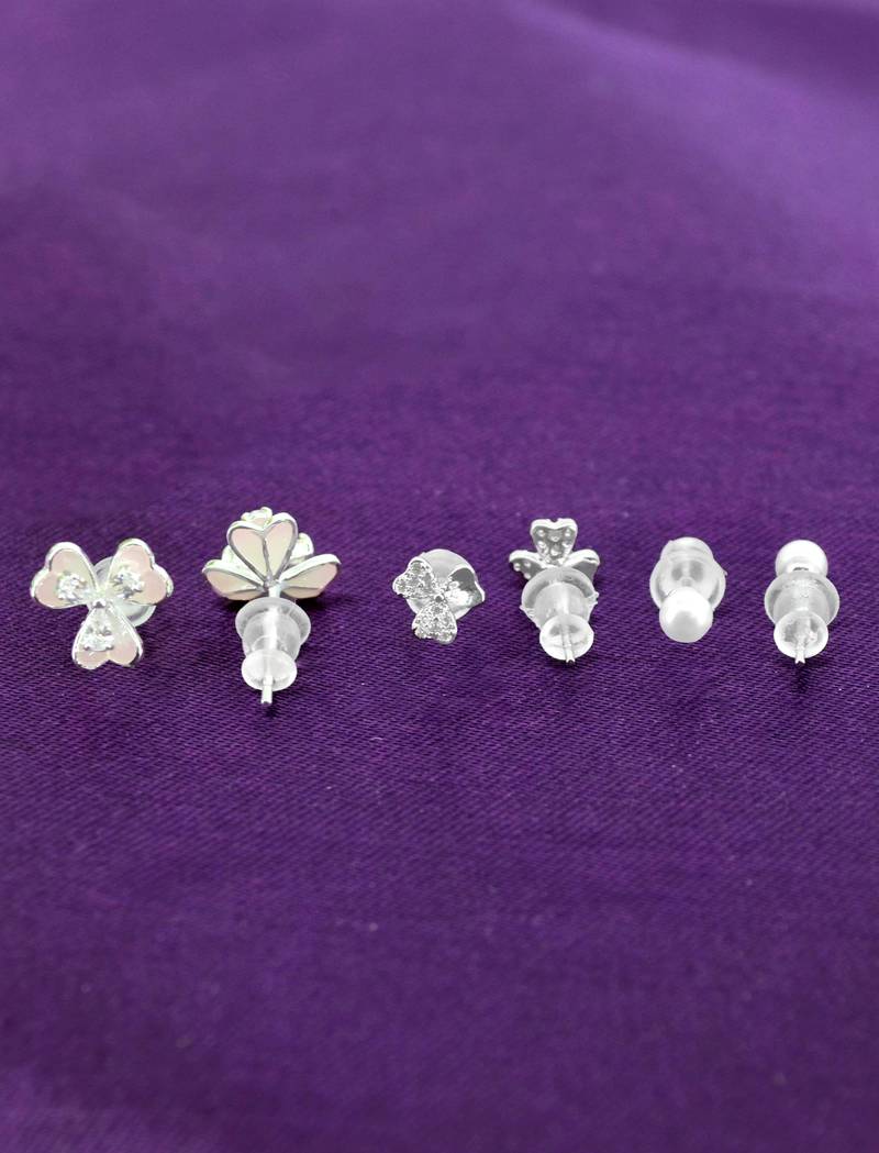 creative flower design brass silver plated set of 3 combo stud earring for women and girls