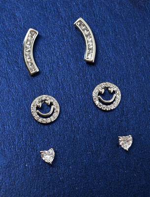 fancy smiling face shape cz brass silver plated set of 3 combo stud earring for women and girls 1
