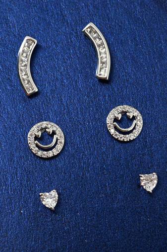 fancy smiling face shape cz brass silver plated set of 3 combo stud earring for women and girls